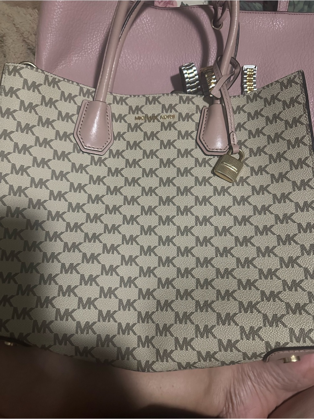 Michael Kors Beige MK Logo Tote with Pink Trim